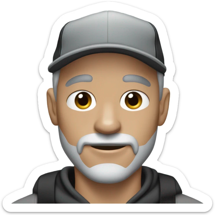 blue eyed man, with grey hair,  grey goatee, wearing ball cap, holding long hair black chihuahua sticker