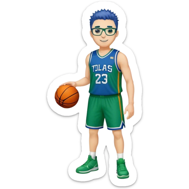 Full Body heavy white male with dark short spike hair basketball player wearing glasses wearing blue green uniform smiling sticker