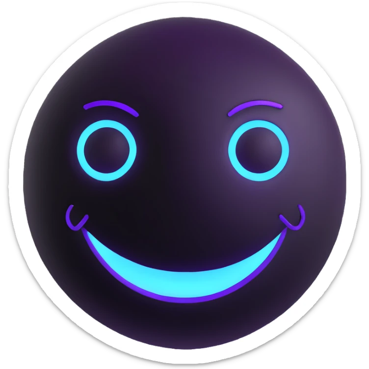 smiley face emoji in 3D style with Tron-inspired glowing blue and purple accents sticker