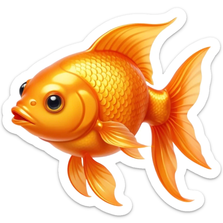 Cinematic Cute Orange Goldfish Portrait Emoji, Head tilted playfully and inquisitively, featuring a glossy, vibrant orange body with delicate, flowing fins, round, sparkling golden eyes filled with curiosity, Simplified yet irresistibly adorable features, highly detailed, glowing with a warm, friendly glow, high shine, affectionate and lively, stylized with a touch of whimsy, bright and endearing, soft glowing outline, capturing the essence of a mischievous yet loving goldfish, so playful it feels like it could swim out of the screen and into your heart! sticker