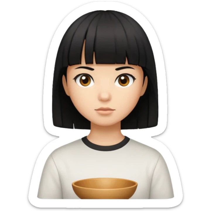 cabelo liso preto com volume no formato de tigela, olhos marrom escuros, camisa branca, pele morena mas mais branca do que morena sticker