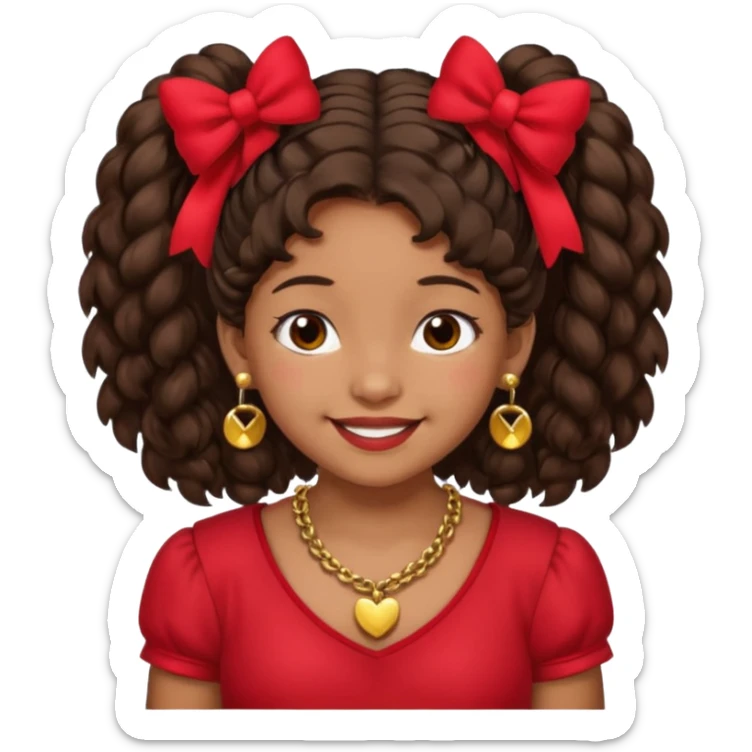 Brownskin girl dark brown hair fluffy. pigtails with red bows brown eyes smiling closed mouth red shirt gold esrrings gold necklace sticker