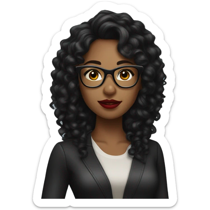 woman dark tan skin with long black curly hair, red lipstick wearing eyeglass sticker