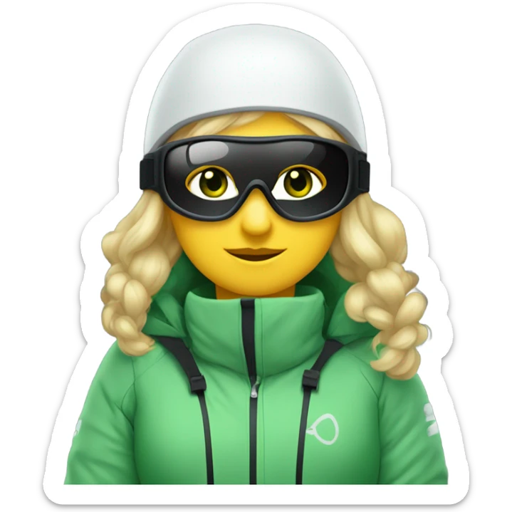 Green-eyed, fat female skier with medium-length straight blonde hair not plaited, snow goggles on helmet, white ski helmet, gray snow jacket, green ski gloves, long black pants rolled up at the bottom, black only snow boots standing tall. sticker