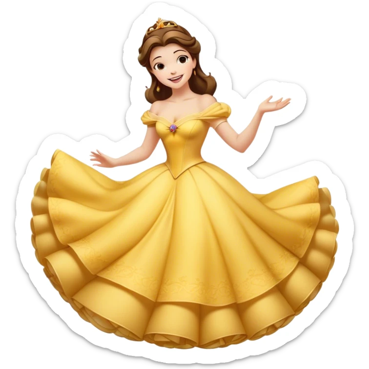 Cinematic Playful Belle Portrait Emoji, Spinning joyfully in her ball gown, arms outstretched, a radiant smile lighting up her face, exuding an enchanting blend of fun and elegance! sticker