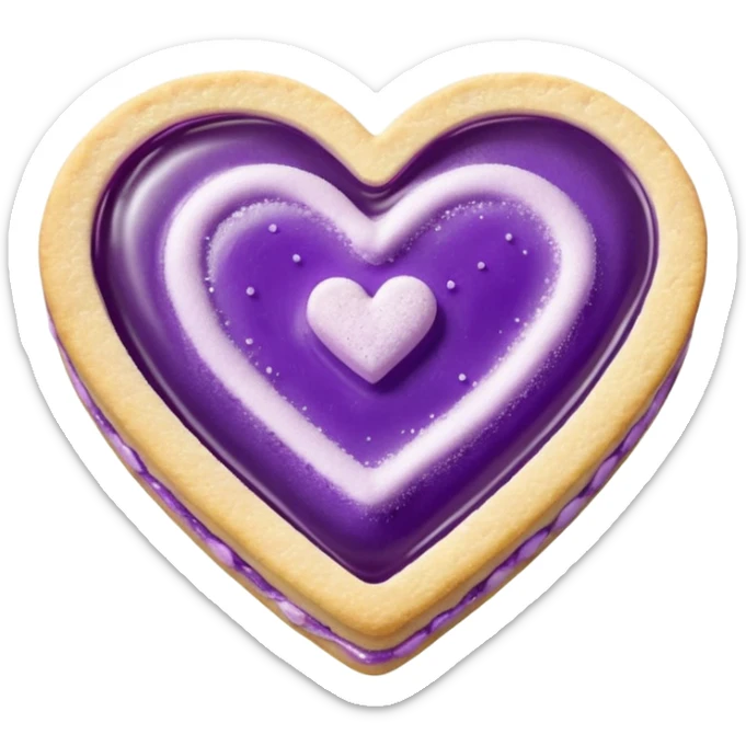 Realistic shortbread cookie in the shape of a heart with purple pastel jelly middle filling and sprinkled powder sugar on top. sticker