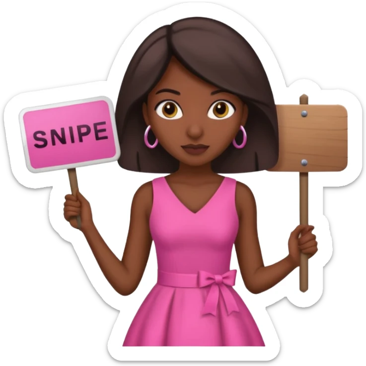 Dark skin woman with black bob in hair holding sign that says snipe  wearing pink dress  sticker