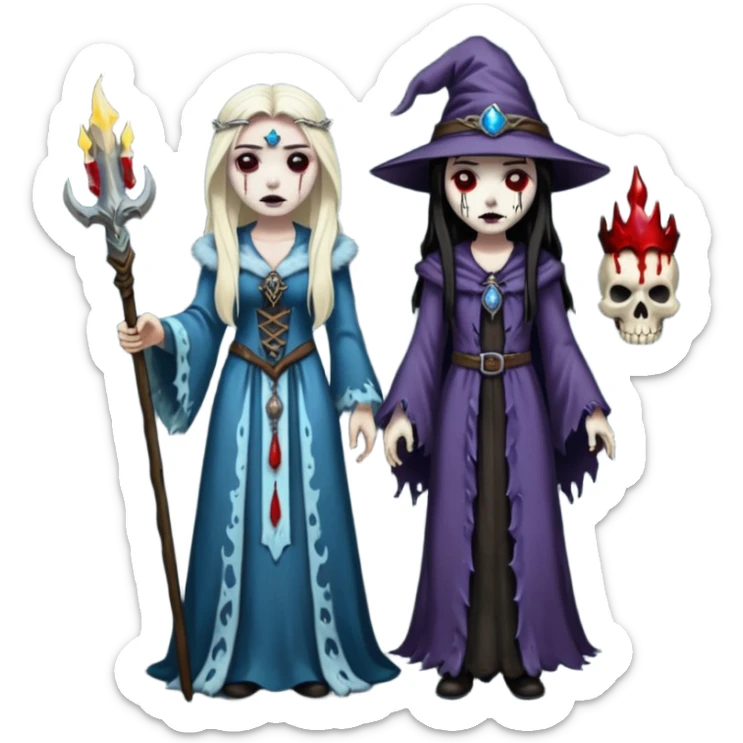 An attractive Alaskan princess, full body, Standing next to a wizard In the style of your bleeding skull art. Dark gritty and menacing  sticker