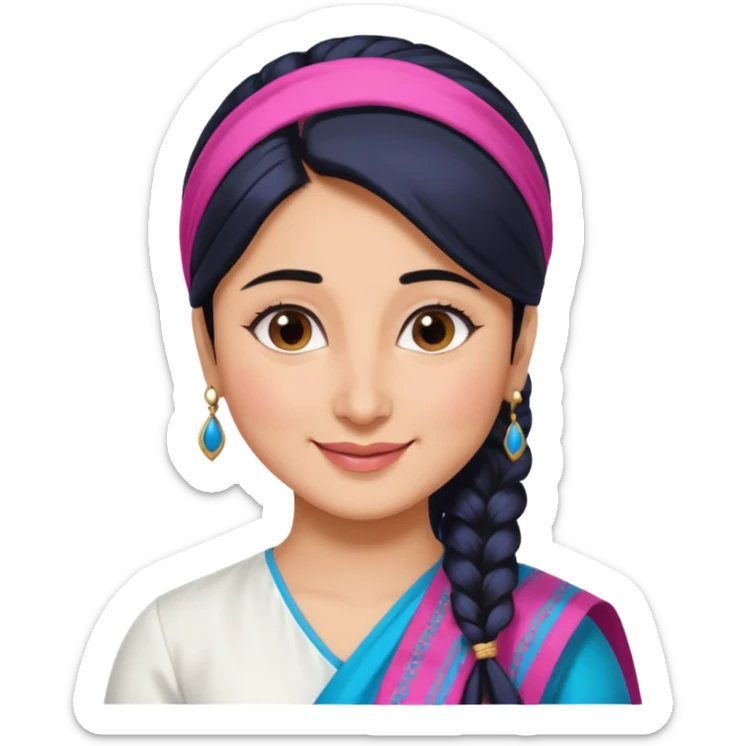 generate a pretty bratz emoji that looks like Kareena Kapoor's Geet character. 
Make her wear a white shirt with a colorful blue-pink dupatta wrapped around her neck. smiling big. Black hair tied into a side part ponytail

She should look exactly  like Kareena Kapoor sticker