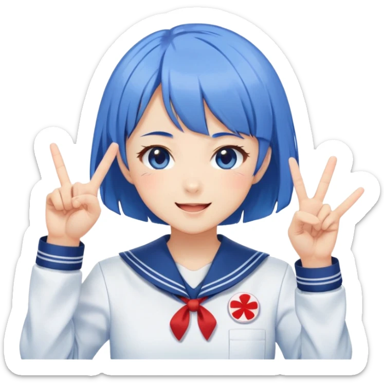 Energetic anime girl with short blue hair wearing Japanese sailor style school uniform, winking and making double peace signs, very cheerful and bubbly, kawaii style sticker