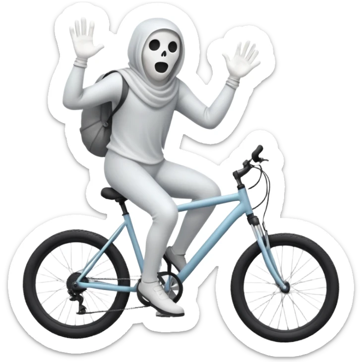 Ghost on bike, 3d pictogram, full body, male, arms covered by cloth and invisible, holding handlebars, left hand also holding handlebars, riding mountain bike, straddling bike, mountains in background removed, Disney style sticker