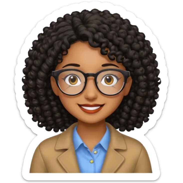 Chica con cabello rizado color negro, piel morena y que use lentes sticker