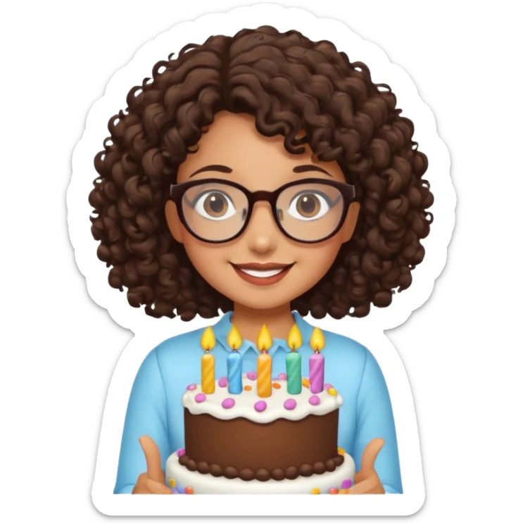 Tanned girl with dark brown curly hair wearing glasses with a cute birthday cake  sticker