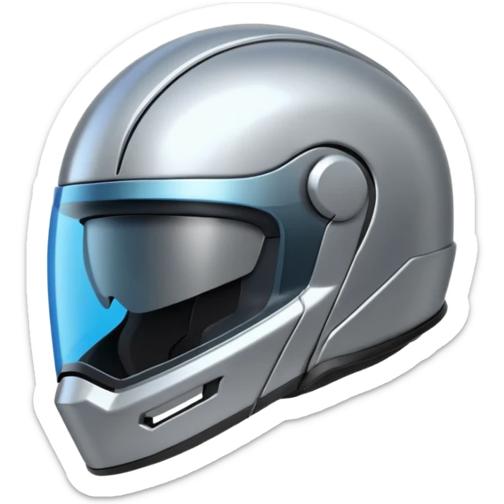 A futuristic helmet emoji made of silver chrome, smooth aerodynamic shape, minimal visor detail, reflective metallic surface, sci-fi aesthetic, iOS emoji style, centered on clean white background sticker