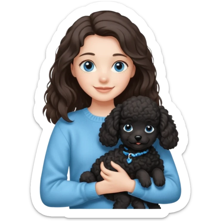 One Brunette girl with blue eyes and long hair in a light blue sweater holds one black Poodle puppy in her arms sticker