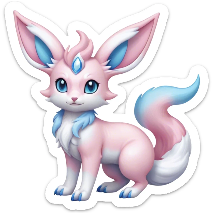 Feral Rare Fantasy cute realistic adorable pastel pink light-blue white iridescent Sylveon-Vernid-Sergal-hybrid by LiLaiRa, markings, tufted ears, full body sticker