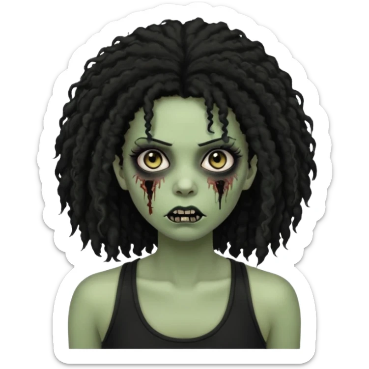 a female zombie with sage green skin, black long afro hair, eyelashes and a black tank top sticker