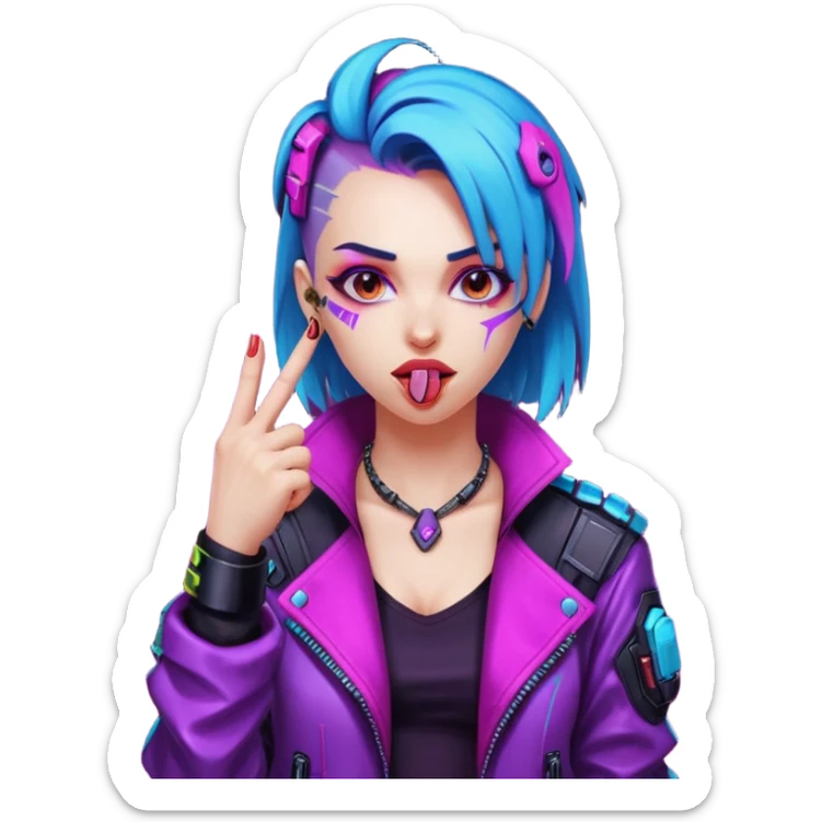 Woman with her tongue out in cyberpunk clothing and giving the middle finger. Looking naughty. sticker