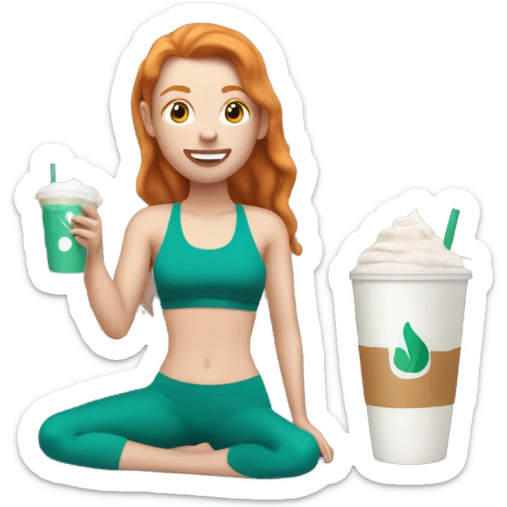 Ginger girl in teal sports bra and leggings drinking iced latte sticker