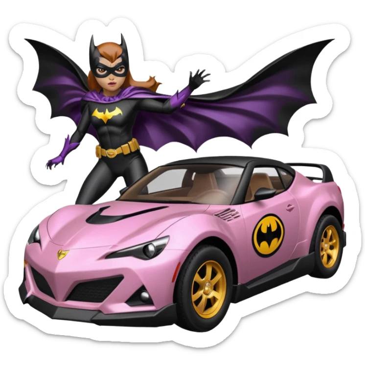 Relaxed adult 60’s Batgirl’s crime fighting themed Satin black and rose gold painted Scion FR-S pursuit vehicle hot rod off road capable  sticker