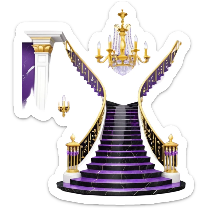 Luxurious black marble hallway stairs with gold and white accents  with purple crystals in chandelier sticker