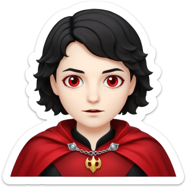 Pale skin, short black wavy hair, red and black cape. A traditional vampire look. sticker