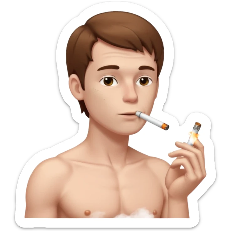 Shirtless white man with pale skin and brown hair smoking a cigarette sticker