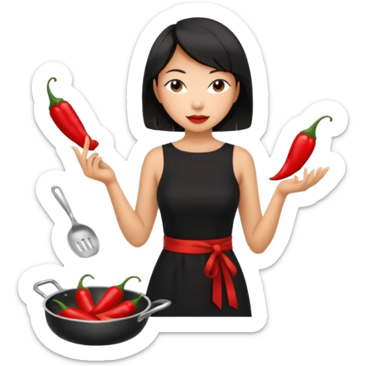 asian black short shoulder length hair tanned woman, black dress cooking, holding chili pepper sticker