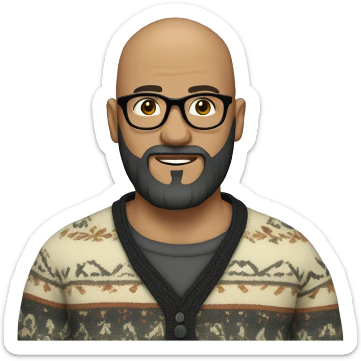 bearded bald man with black beard wearing glasses and boho jumper sticker