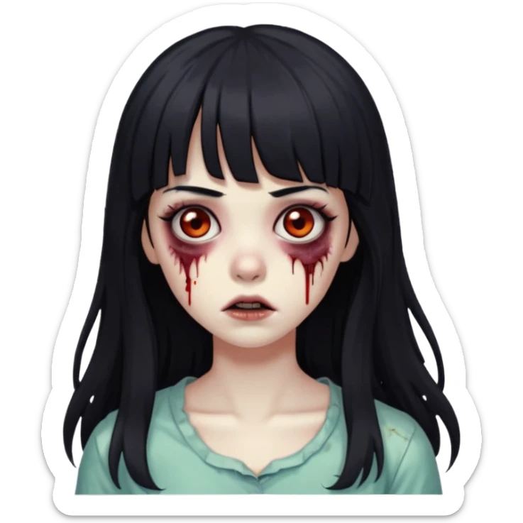 Zombie girl, black hair with bangs, slightly wavy, very long hair,long eyelashes, black eyes,iOS style sticker