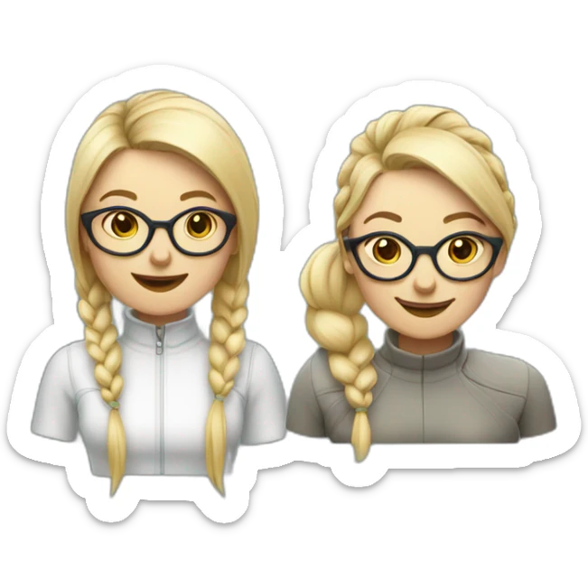 two nordic women designers being jolly, one with a ponytail and the other with medium short hair and glasses sticker