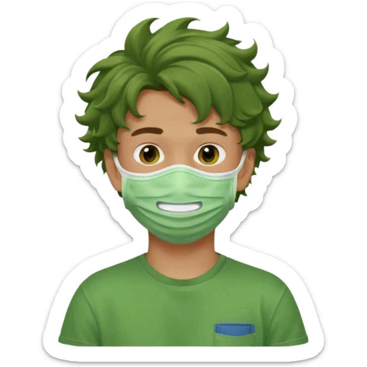 A teenage boy, tanned, wearing a green t-shirt , blue jeans and green sneakers with brown wavy tousled hair, smirking, wearing a green face mask sticker