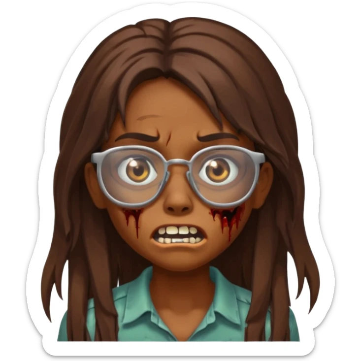 Girl zombie with brown long hair with teeth and serious face IOS style with glasses sticker