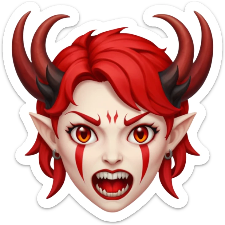 Diablo IV emoji inspired by Lilith from Diablo IV, demonic features, red and black color scheme, expressive face sticker