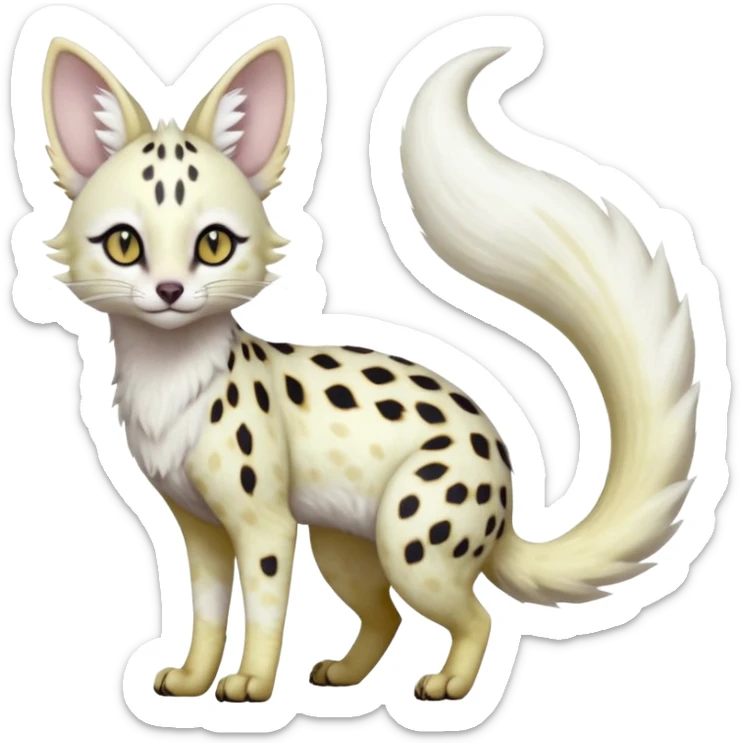 White Albino light whitish grey-spotted Serval-Civet-Genet-Trico-Furret-Linoone-Noibat-Espeon-Fakémon-Pokémon-animal-hybrid-fusion-creature (full body) with vibrant glowing eyes, cute, elegant, soft, realistic, pastel fur sticker