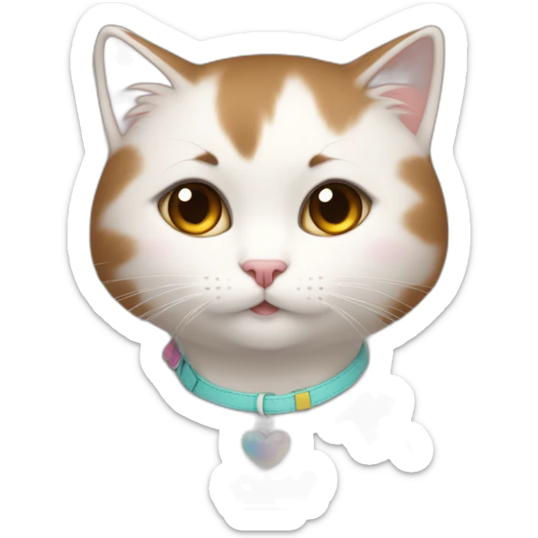 A girl with short brown straight hair and on her left shoulder and neck lies a white fluffy cat with eyes of different colors sticker