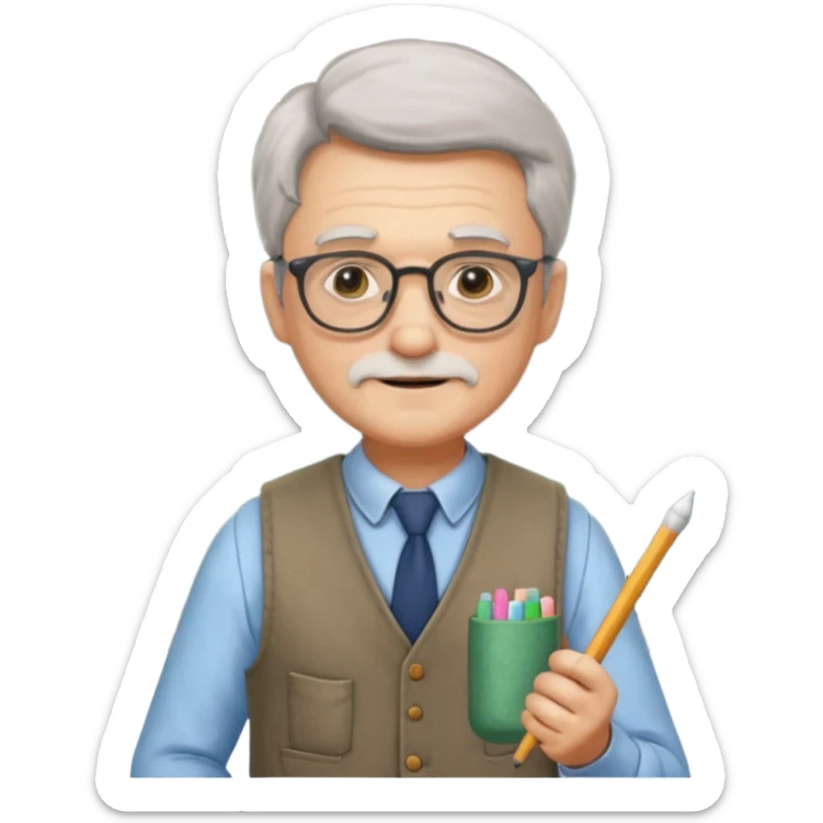 Man teacher: old, wearing vest, wearing glasses, hold chalk on their hand sticker