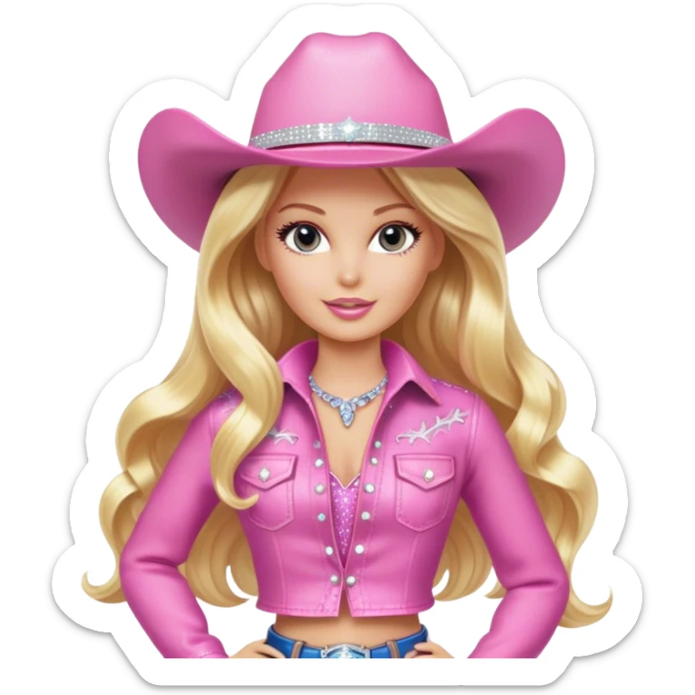 Cowgirl blonde Barbie model, long shiny hair, sparkly pink outfit sticker