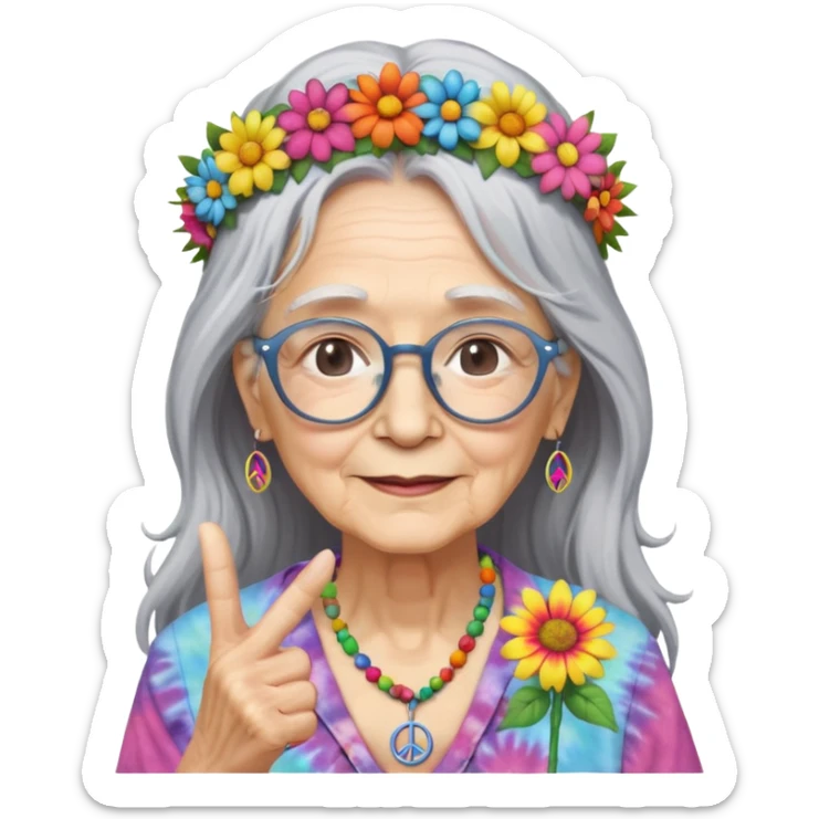 elderly woman with long grey hair, glasses, peace sign necklace, tie-dye clothing, flower crown sticker