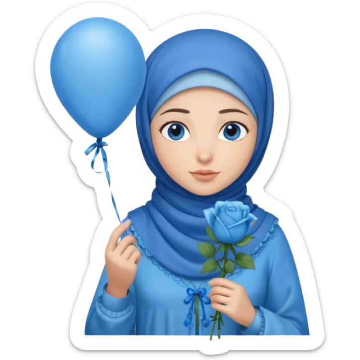 Turkish beautiful finish Konya girl blue eyes with blue hijab islamic dress and had on her hand blue Rose baloons  sticker