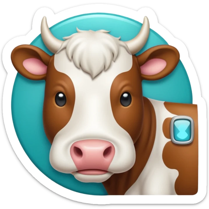 Emoji-style icon of a cow and buffalo with a scan frame or AI detection overlay, representing breed identification. Clean, friendly, rounded design, easy to recognize at small sizes, teal and white accents, no text, transparent background. sticker