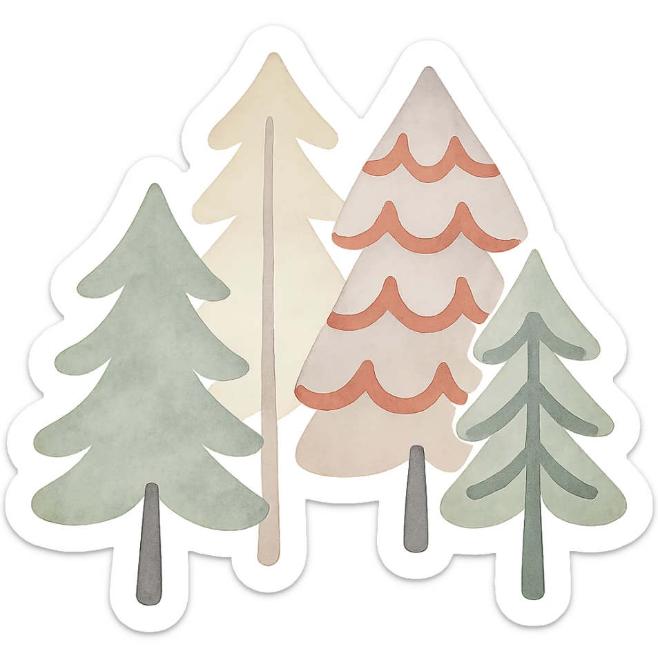 logo style illustration of evergreen trees in Slavic folk art style, neutral color tones, watercolor texture sticker