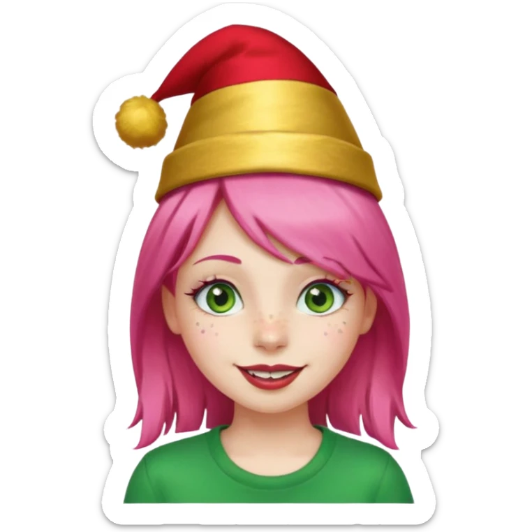 Create a girl with pink hair and green eyes with long eyelashes and a smiley face. She has freckles in her face and a lit of bit of lipstick on her mouth, she’s also got gold birthday hat on her head with gold pom poms on top of it, and her T-shirt is red sticker