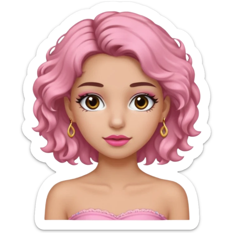 crée moi une jeune fille très belle avec les cheveux bouclés long brune avec un top  sans manche ni brettelles juste un 'bandeau' de couleur rose clair avec un peu de maquillage et des beaux et long  cils un collier en or sticker