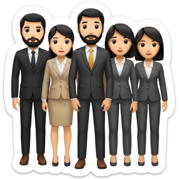 4 people, one man with beard, one man and two women,yellow skin office style,black hair,  sticker