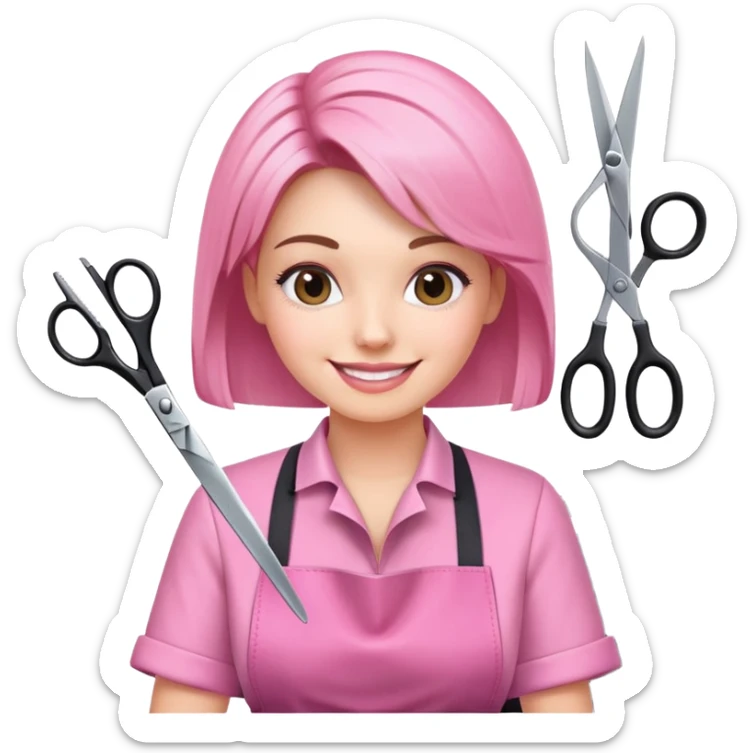 smiling woman client in pink apron sitting in salon chair, female hairstylist smiling behind with scissors sticker
