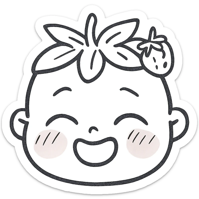 kawaii baby face with soft pink skin, strawberry leaves and tiny strawberry on head, chibi hand-painted style, only head, rich facial expressions sticker