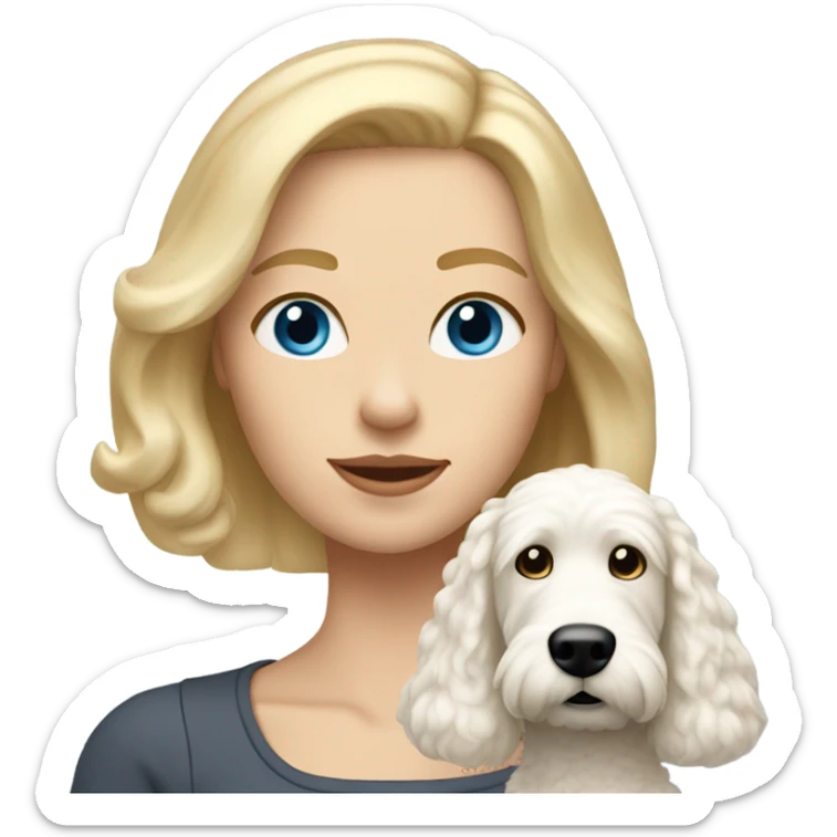 White lady with shoulder length blonde straight hair and blue eyes and her white golden doodle dog sticker