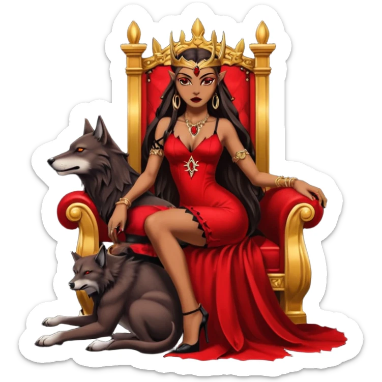 Caramel skin toned Lilith symbol seductress evil brown straight long hair haired, sexy succubus woman with red and black Chanel dress sitting on a Black and gold throne. A large black wolf laying beside her. Tattoos all down her arms sticker