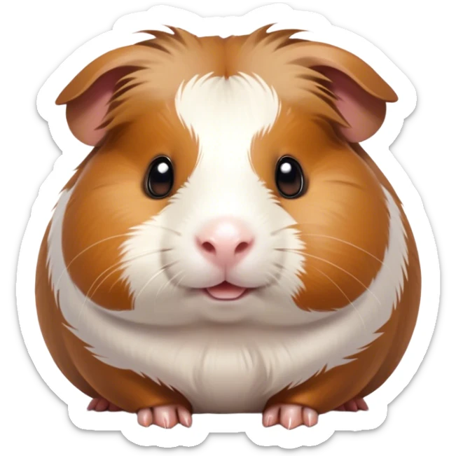 Cinematic Cute Brown and White Banded Guinea Pig Portrait Emoji, Head tilted playfully and inquisitively, showcasing a fluffy fur with playful brown and white banded patterns, round, sparkling dark eyes filled with curiosity, Simplified yet irresistibly adorable features, highly detailed, glowing with a warm, friendly glow, high shine, affectionate and spirited, stylized with a touch of whimsy, bright and endearing, soft glowing outline, capturing the essence of a mischievous yet loving guinea pig, so playful it feels like it could dash out of the screen and into your arms! sticker